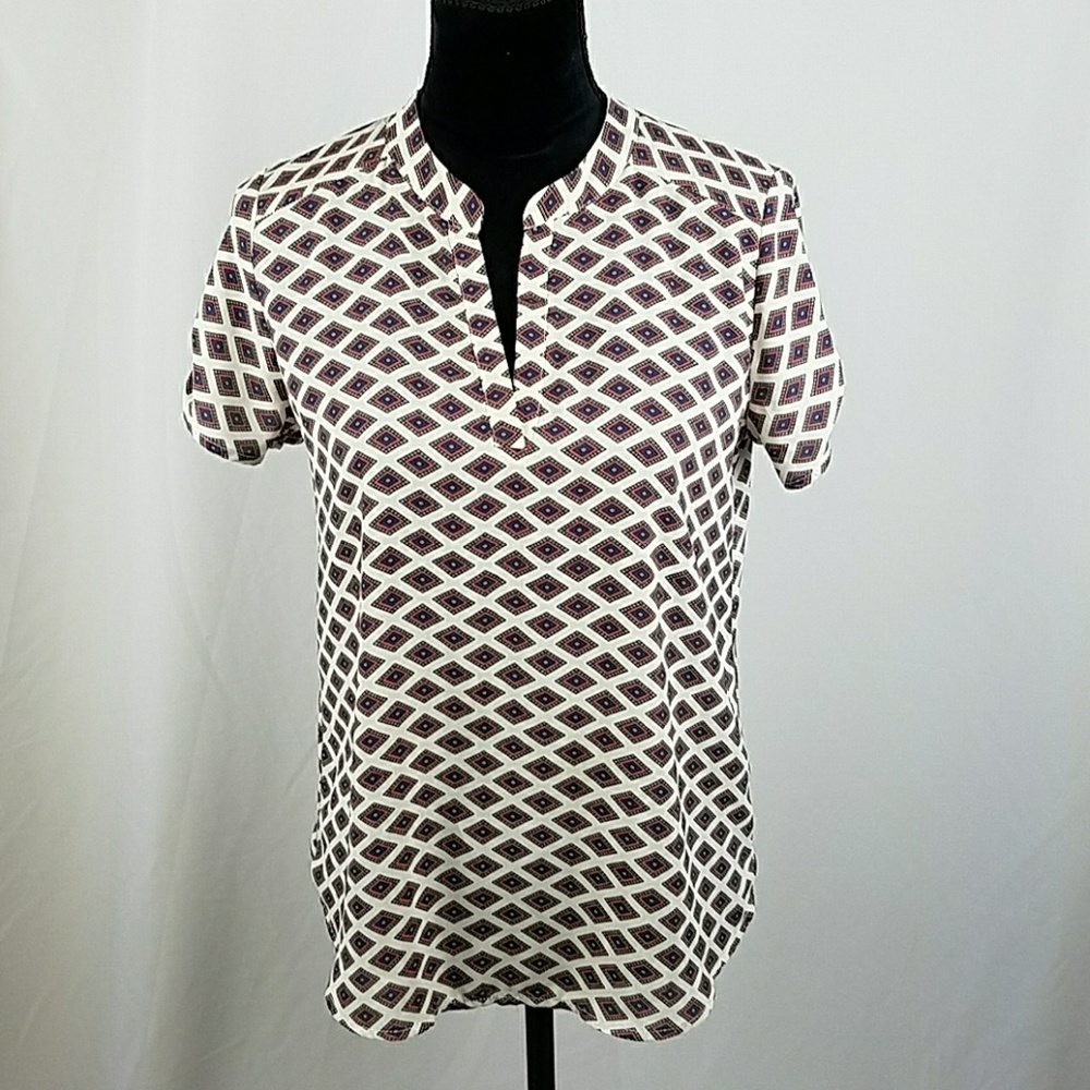 alice blue stitch fix S diamond print tab short sleeve hi-low shirt academia